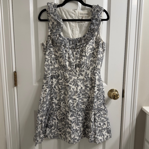 Saloni Misha Sleeveless Gret and White Toile Print Mini Sundress US 6 / UK 10 - Picture 1 of 9